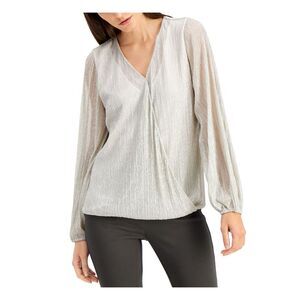 ALFANI Womens Silver Long Sleeve V Neck Top XS